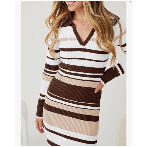 None Dresses & Skirts - Brown White Pink Ribbed Striped Sweater Dress V-Neck Collared Bodycon Size XL